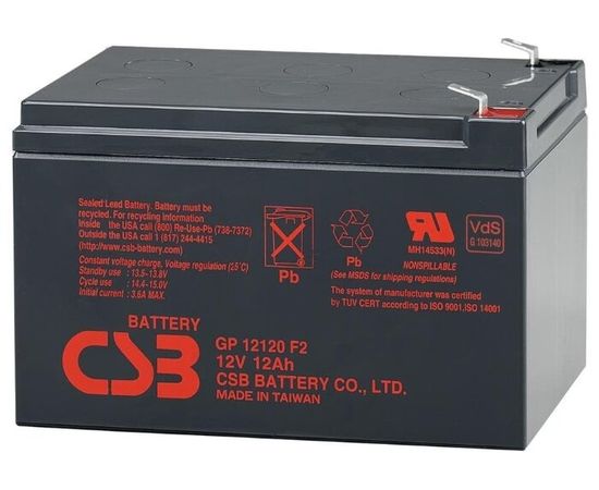  АКБ для ИБП 12В 12Ач CSB GP12120, 48W/cell, 144 Whr, 3.37 кг, (ШхГхВ) 151х98х94 мм (100 с клеммами) 