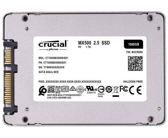  SSD Crucial MX500 2000GB (CT2000MX500SSD1) SATA 2.5" 3D TLC NAND 700TBW 560/510 MB/s, 95k/90k IOPS, 5yrs, 7mm (with 9.5mm adapter) 