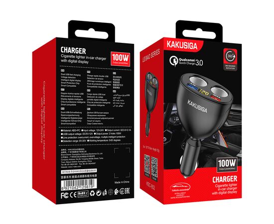  Разветвитель гнезда прикуривателя (2 гнезда + 2 USB) KAKUSIGA KSC-852 black 
