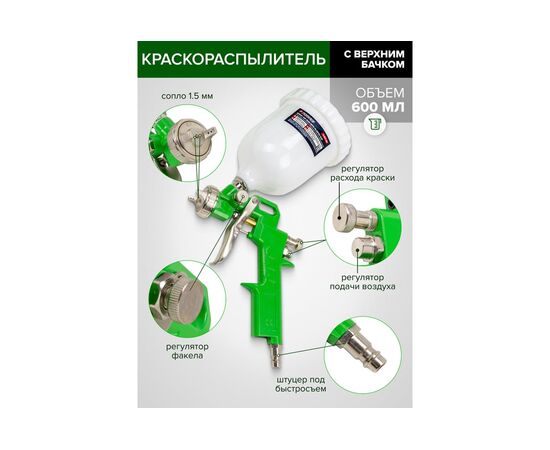  Краскораспылитель пневматический Forsage H-827-2V F-SGK-5 (58003) c верхним пластиковым бачком 600мл в комплекте с аксессуарами, набор 5пр 