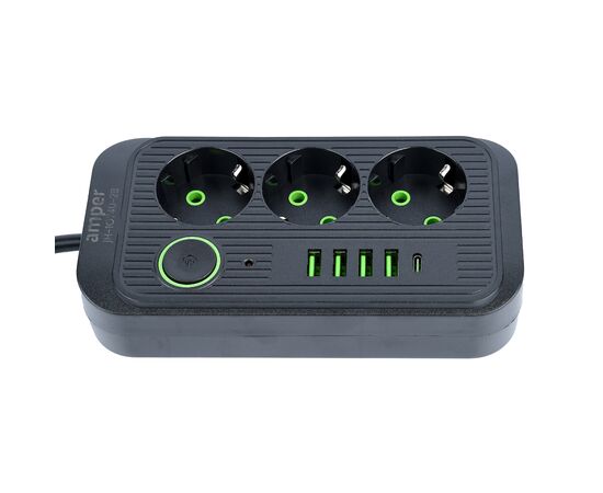  Amper сетевой удлинитель, 2,0м, 3 розетки, 3*0,75мм, 10А, 2500 Вт, 4usb, 1Type-C, черный. 