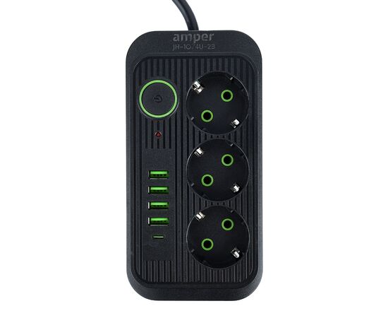  Amper сетевой удлинитель, 2,0м, 3 розетки, 3*0,75мм, 10А, 2500 Вт, 4usb, 1Type-C, черный. 