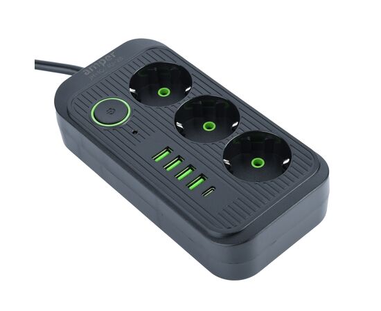  Amper сетевой удлинитель, 2,0м, 3 розетки, 3*0,75мм, 10А, 2500 Вт, 4usb, 1Type-C, черный. 
