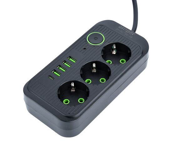  Amper сетевой удлинитель, 2,0м, 3 розетки, 3*0,75мм, 10А, 2500 Вт, 4usb, 1Type-C, черный. 