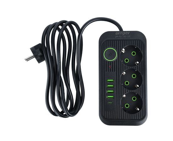  Amper сетевой удлинитель, 2,0м, 3 розетки, 3*0,75мм, 10А, 2500 Вт, 4usb, 1Type-C, черный. 