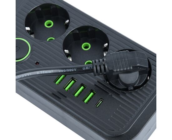  Amper сетевой удлинитель, 2,0м, 3 розетки, 3*0,75мм, 10А, 2500 Вт, 4usb, 1Type-C, черный. 