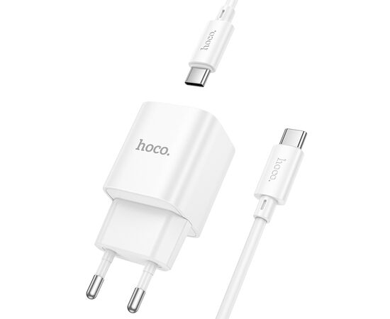  Сетевое зарядное устройство HOCO C147A Charm 1xUSB + 1xUSB-C с Кабелем Type-C - Type-C, 3A, 20W, белый 