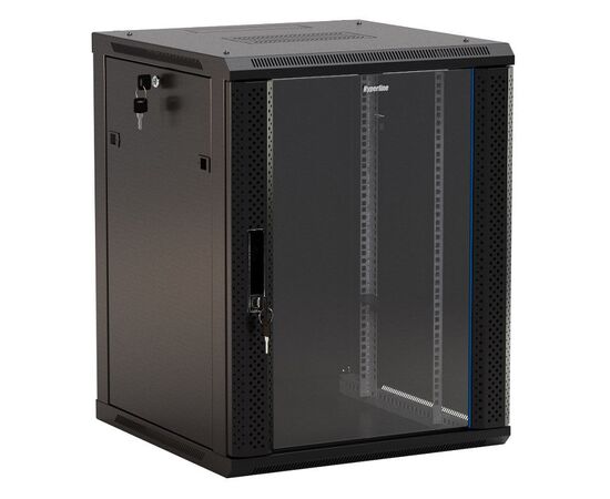  Шкаф коммутационный Hyperline TWB-1545-GP-RAL9004 настенный 15U 600x450мм пер.дв.стекл 2 бок.пан. 60кг черный 