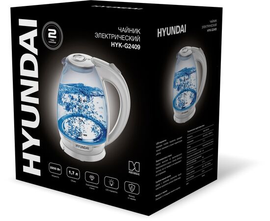  Электрочайник Hyundai HYK-G2409 белый/серебристый 